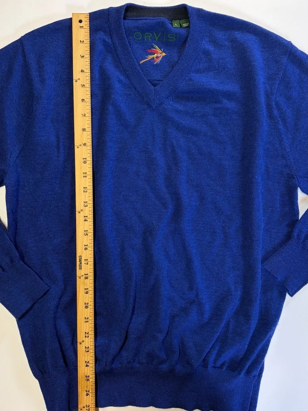 Orvis 100% Merino Wool Sweater Mens Large Cobalt Blue V Neck Pullover
